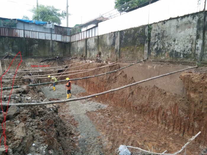 Excavation support and base preparation for box culvert near factory boundary wall in Gazipur